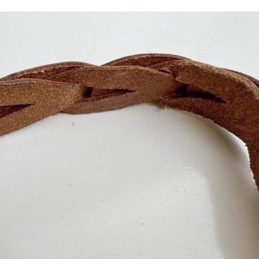 Tan Braided Leather Skinny Belt Silver Buckle Boho Cinch Waist Casual Chic 47-77